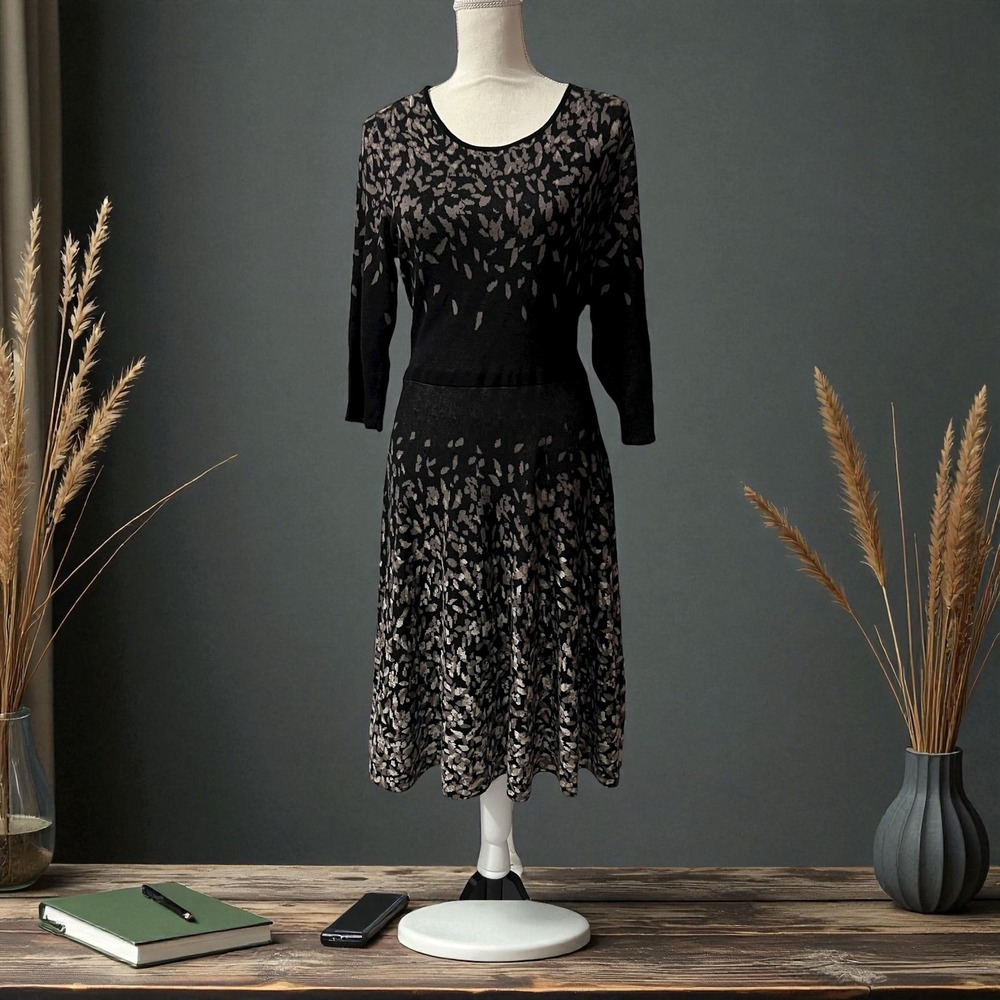 CB Fall Abstract Leaf Print Knit Sweater Fit & Flair Career Office Dress XL